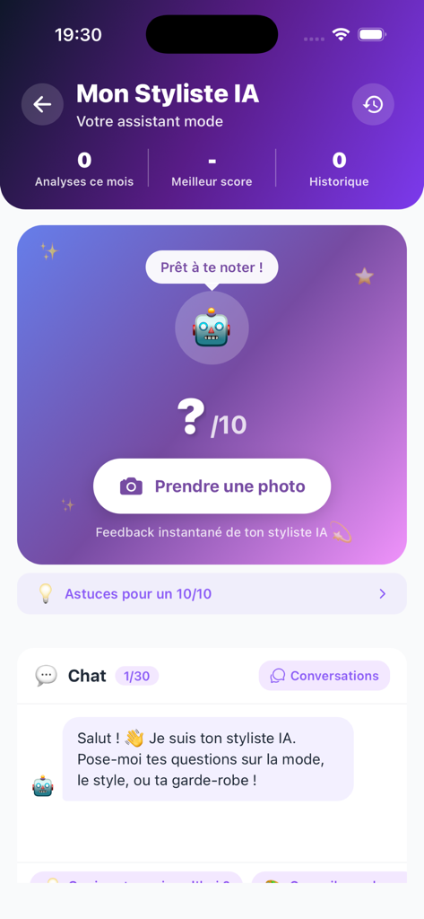 My Inventory AI - Interface of the My Inventory AI stylist feature showing an outfit rating system and a fashion advice chat.