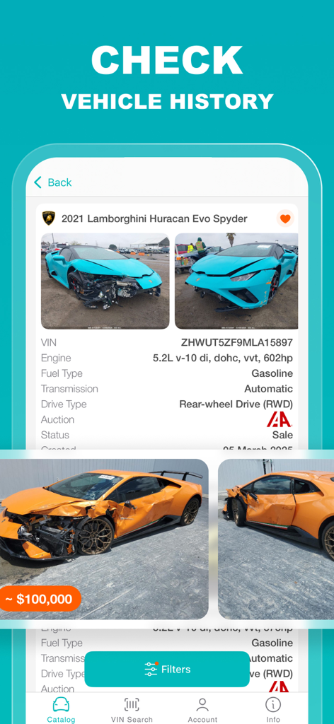 Vehicle history report showing damaged car auction photos and VIN details