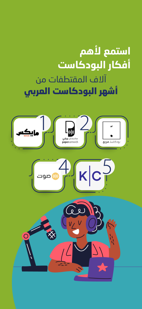 وجيز: أكبر مكتبة محتوى صوتي - A graphic showing icons of popular Arabic podcasts and an illustration of a person listening to summaries on the Wajeez app.