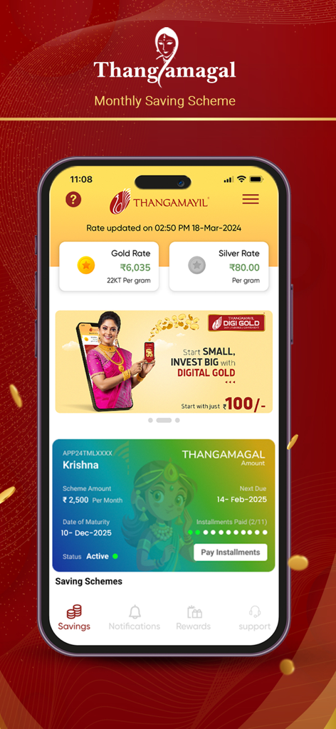 Thangamayil DigiGold app screen displaying gold savings scheme and market rates