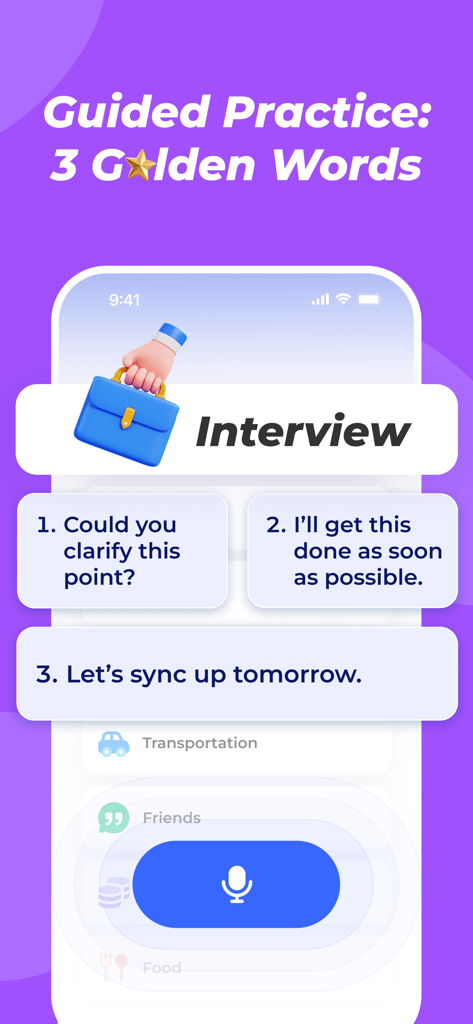 Speakup AI mobile app interface showing guided English practice for job interviews with professional business phrases