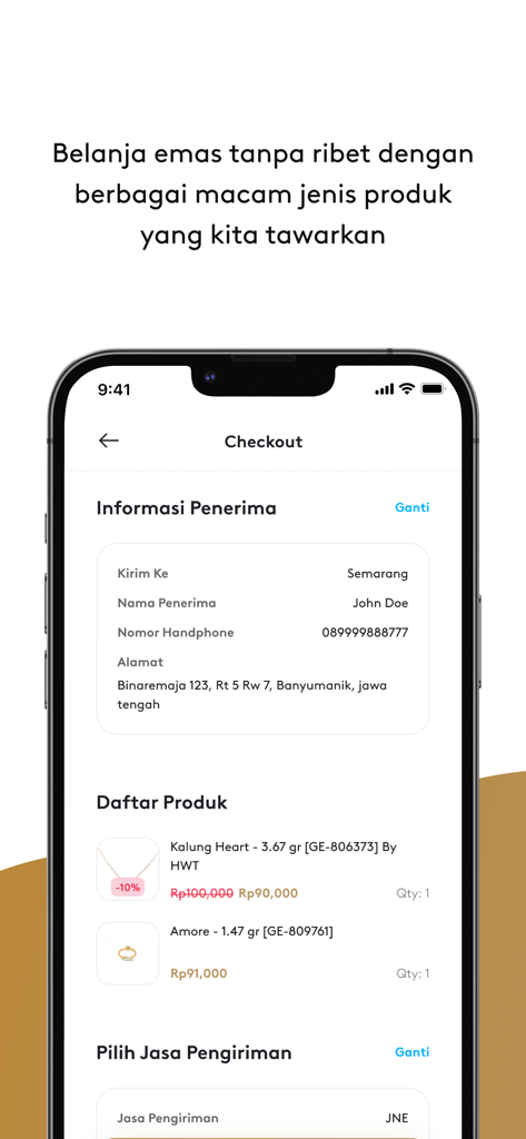 Galeri 24 - Schermata di checkout dell'app Galeri 24 che mostra le informazioni del destinatario e i dettagli dell'ordine di gioielli