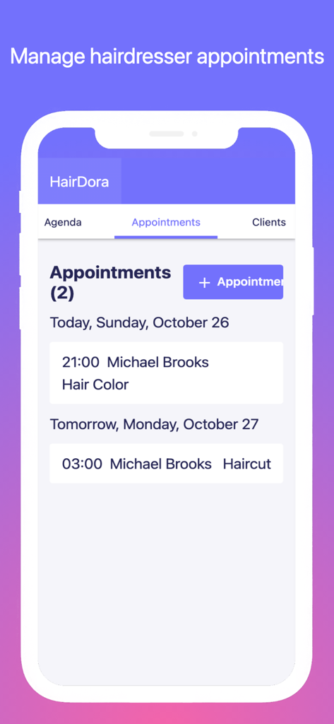 Hair Salon Management - Interfaz de la aplicación HairDora que muestra una lista de citas de peluquería programadas