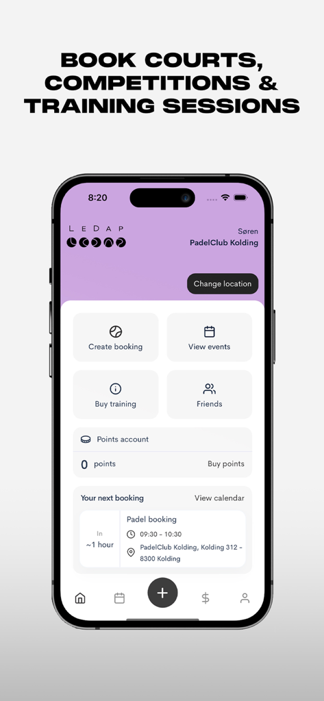 Bookli - Écran du tableau de bord de l'application Bookli montrant les options pour réserver des terrains de padel, voir les événements et acheter des séances d'entraînement.