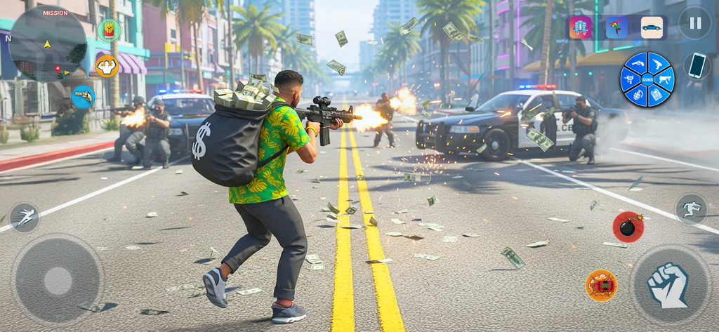 Grand Wars City: Gang Hero 3D - Un personaje gánster disparando a coches de policía mientras lleva una bolsa de dinero en una calle de la ciudad