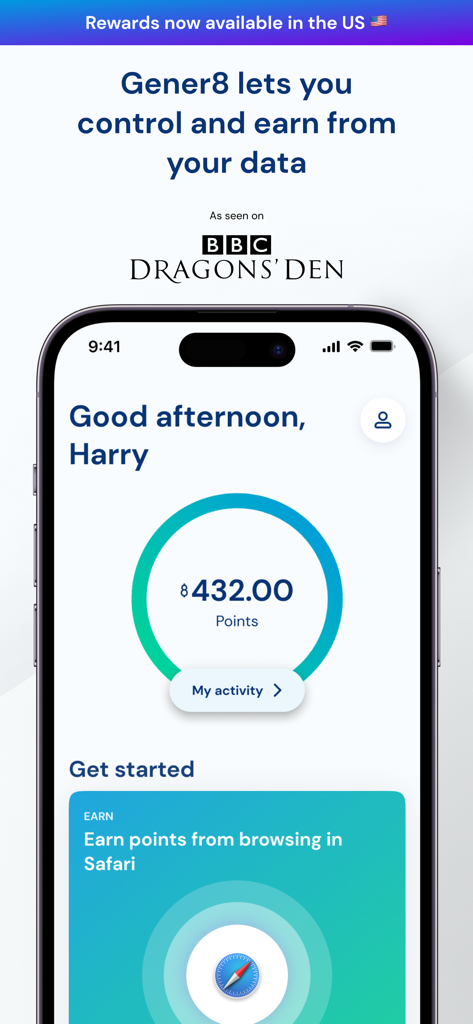 Gener8 - Earn From Your Data - Gener8 app dashboard showing earned points and safari browsing rewards section
