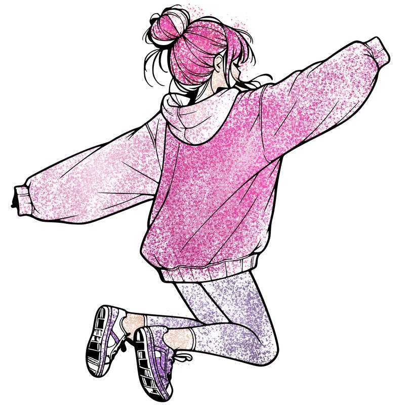 realistic girl jumping with a bun and oversized sweatshirt