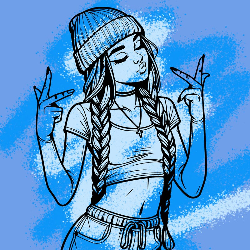 realistic teenage girl with braids and a beanie and crop top doing 🫶🏼