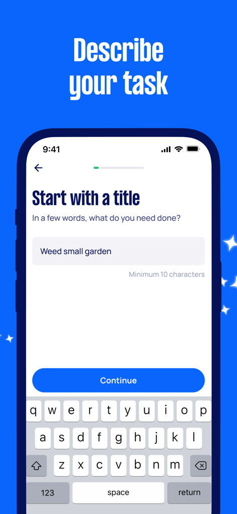 Airtasker - Mobile screen of the Airtasker app showing the step to describe a task with a title input for weeding a garden