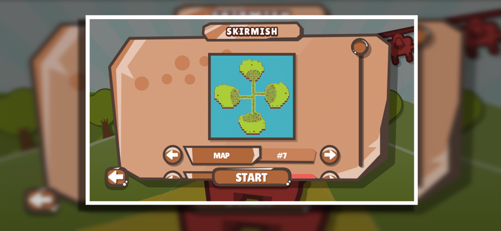 Skirmish mode map selection screen in Front Armies RTS showing a four-way clover-shaped battlefield layout.