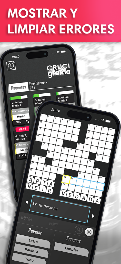 Crucigramas en Español :) - Interfaz de la aplicación de crucigramas en español que muestra herramientas de corrección de errores y la cuadrícula del rompecabezas.