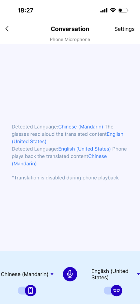 Interfaz de la aplicación iTourAR que muestra la configuración de conversación para traducción en tiempo real entre chino e inglés con soporte para gafas AR.