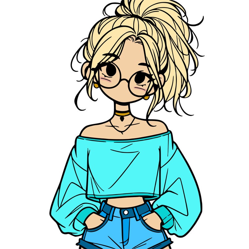 girl with a messy ponytail glasses a baggy crop top and jean shorts