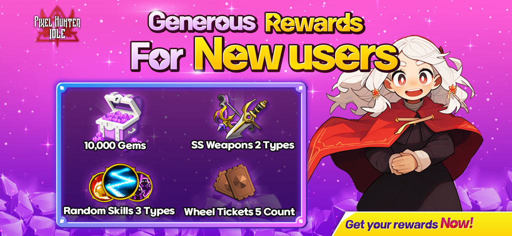 Pixel Hunter Idle: Retro RPG - Pixel Hunter Idle rewards for new users including 10000 gems and SS weapons