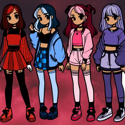 one girl with crop-top shirt and a jacket with a skirt, long socks and another girl with a shirt and pants with a jacket