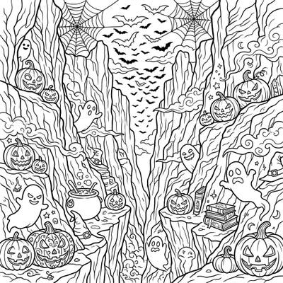 Embark on a thrilling artistic journey with our Halloween Canyon coloring page, where rugged landscapes meet ghoulish delights. This intricate design invites you to bring a spooky world of jack-o'-lanterns, ghosts, and bats to life with your favorite colors.