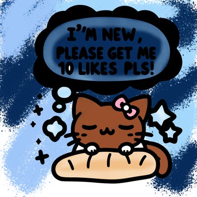 kitty taking a nap dream talking and saying "i'm new, please get me at least 10 likes pls!!"