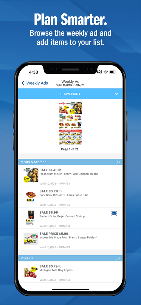 Meijer mobile app interface showing weekly sales and a grocery shopping list