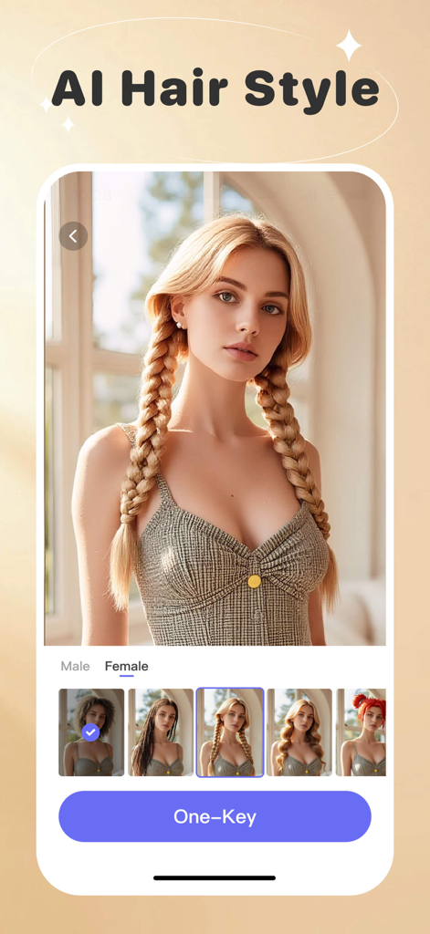 Una mujer previsualizando diferentes peinados generados por IA en la interfaz de la aplicación PIX plus