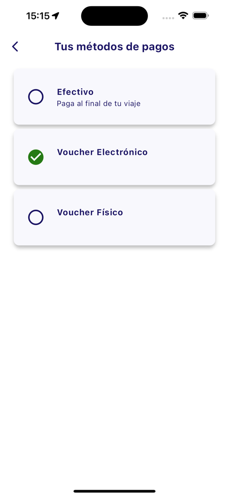 FASTLINE TAXI - Écran de l'application Fastline Taxi affichant les options de méthodes de paiement, y compris en espèces, bon électronique et bon physique.