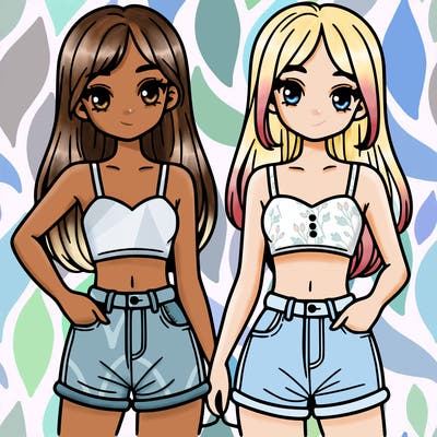 two sisters with crop tops and jean shorts and straight hair