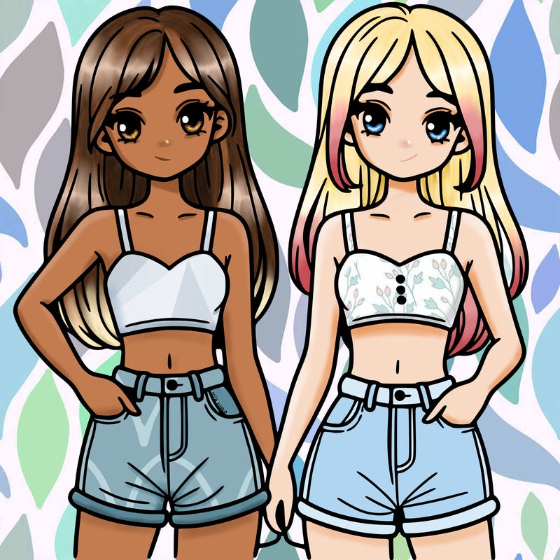 two sisters with crop tops and jean shorts and straight hair