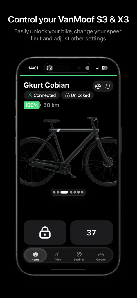 MoofMate - MoofMate app home screen showing VanMoof S3 status and control settings