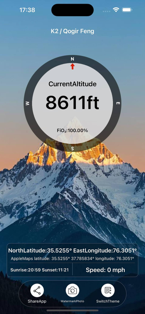 Altimeter Pro - Altitude & Map - Screenshot of Altimeter Pro app showing current altitude of 8611 feet and GPS coordinates over a scenic mountain range.