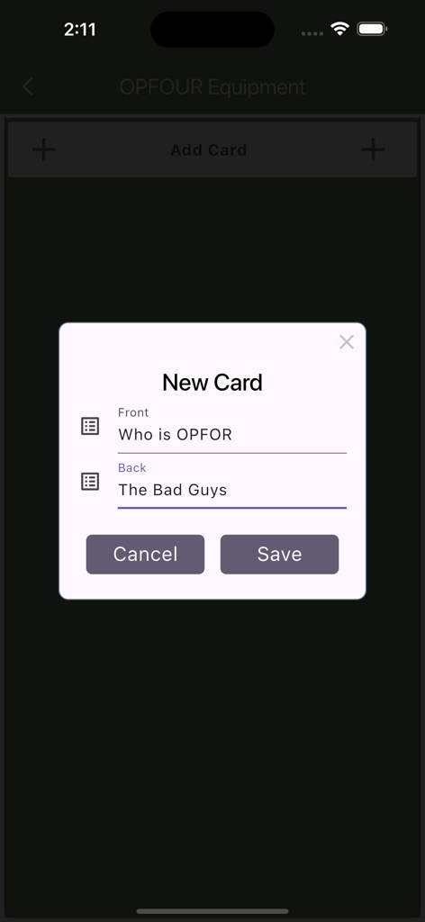 Army Leader Smart Cards - Creating a new military study flashcard with front and back text fields in the Army Leader Smart Cards app.