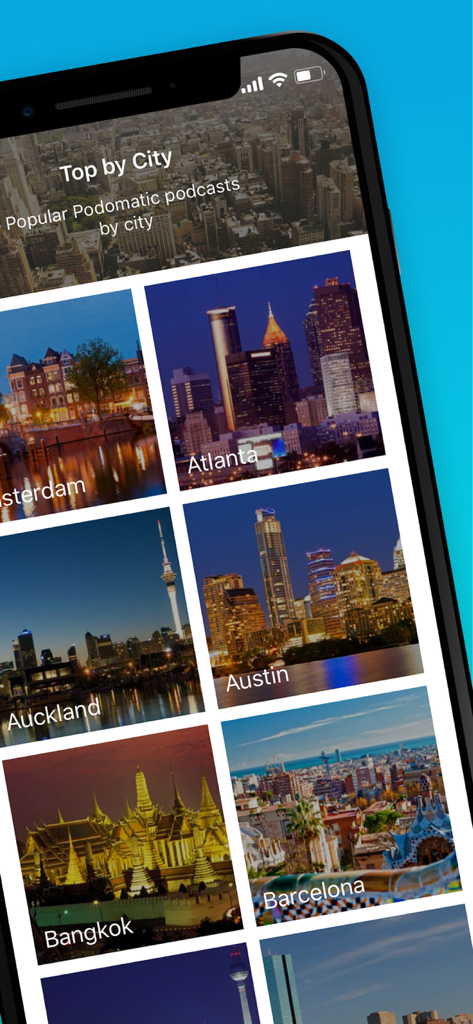 Pantalla de la aplicación Podomatic que muestra la función 'Top por Ciudad' con una cuadrícula de ciudades que incluyen Atlanta, Austin y Bangkok
