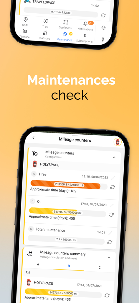 Ruhavik app interface showing mileage counters and maintenance intervals for tires and oil.