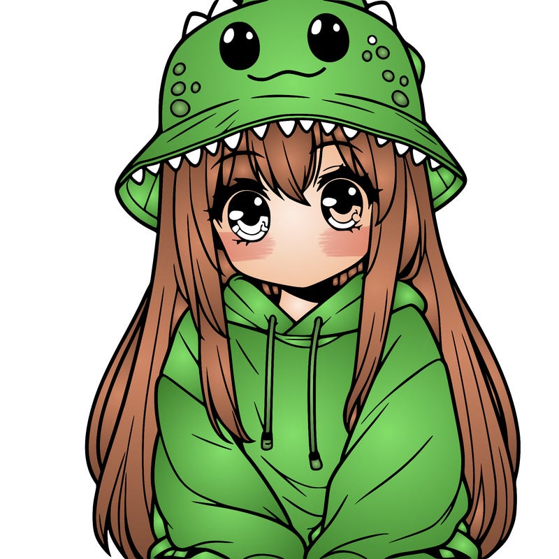 girl with anime shaped eyes with a dinosaur bucket hat oversized sweatshirt long straight hair