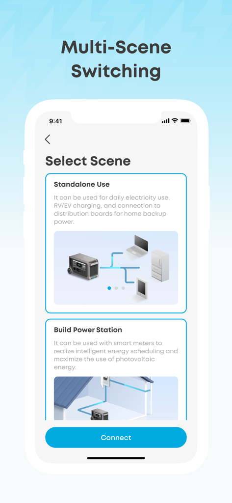 The Anker app's scene selection screen showing options for standalone energy use and building a solar power station.