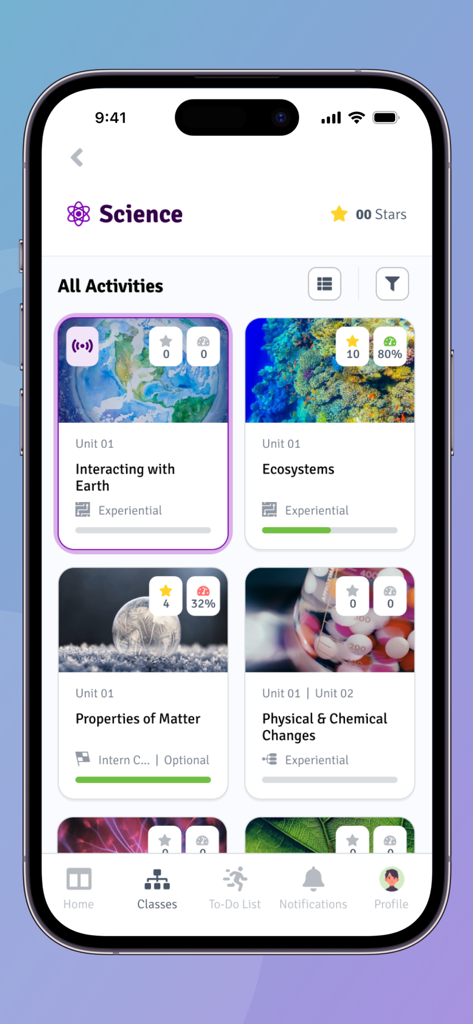 Alef Student - Tela do aplicativo Alef Student mostrando atividades científicas e acompanhamento de progresso para unidades como ecossistemas e matéria.