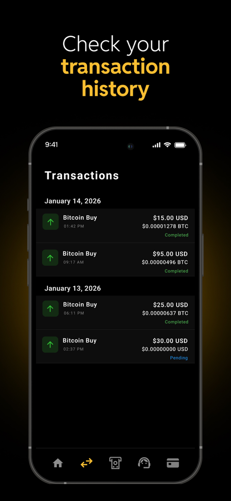 A smartphone screen showing the transaction history of the Athena Bitcoin app with multiple Bitcoin buy entries.