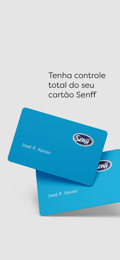 Representação visual de cartões de crédito Senff com texto em português promovendo controle total do cartão