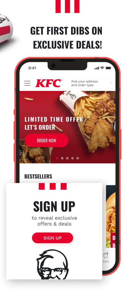 KFC Barbados - A mobile screen showing the KFC Barbados app with limited time offers and a sign up prompt for exclusive deals