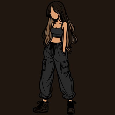 girl in baggy pants crop top and long hair