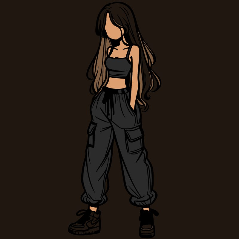 girl in baggy pants crop top and long hair