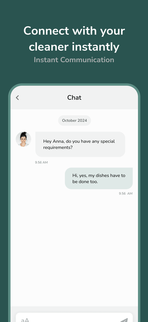 Helpling - Book Home Services - Helpling app chat interface showing a conversation between a cleaner and a customer about service requirements