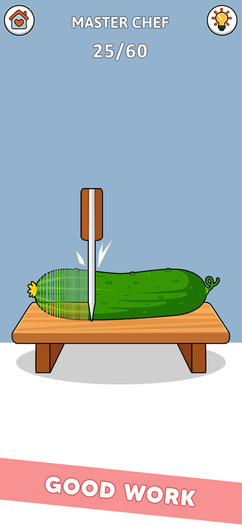 TicTack Challenge: Mini Games - まな板の上でキュウリをスライスするナイフを示すミニマリストなミニゲーム画面。