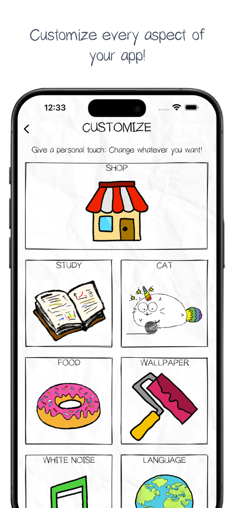 Fatty Cat! - Study Companion - Una interfaz móvil dibujada a mano de la aplicación Fatty Cat que muestra varias opciones de personalización como tienda de comida para gatos y fondo de pantalla