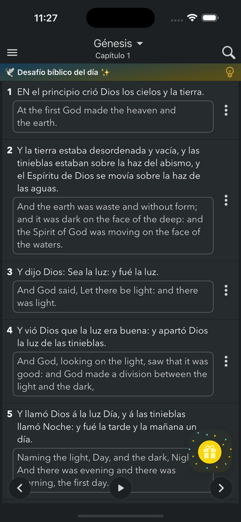 Biblia RV 1909 - Interface of Biblia RV 1909 app displaying Genesis Chapter 1 verses in Spanish and English in dark mode