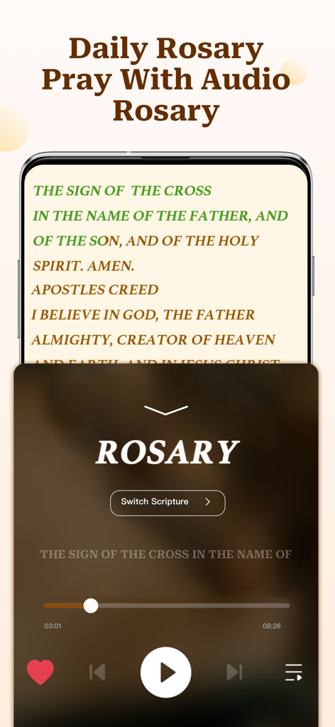 Aleluya: Holy Bible Offline - Teléfono móvil mostrando el reproductor de audio del Rosario de la aplicación Aleluya y texto de oración