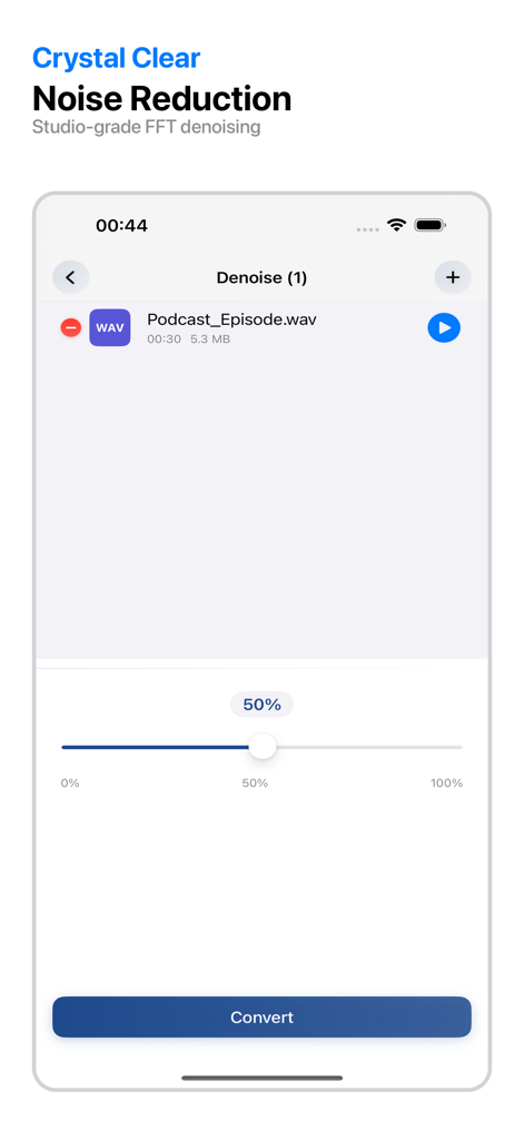 SonicForge - Audio Editor - Interface of SonicForge app showing the noise reduction tool with a slider for a podcast episode audio file.