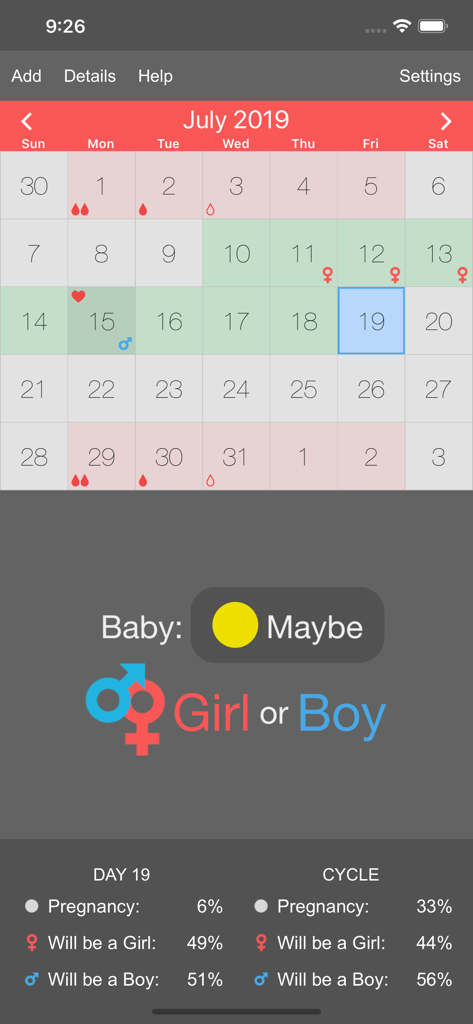 Menstrual Periods Tracker - Menstrual periods tracker app showing a July calendar with period dates, fertile windows, and pregnancy and gender prediction probabilities.