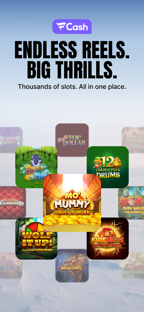 Fanatics Casino - Real Money - Fanatics Casino app screen showing a variety of real money slot games and FanCash rewards information