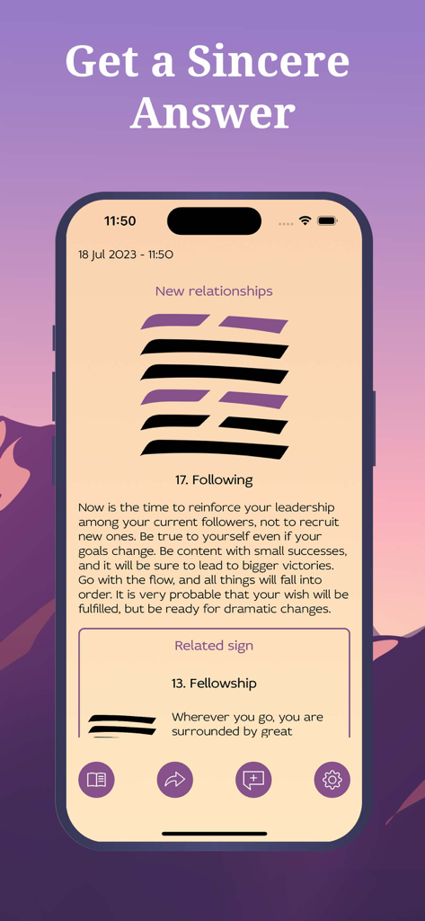 I Ching Fortune Teller - Captura de tela do aplicativo Oráculo de I Ching exibindo uma leitura detalhada de hexagrama para novos relacionamentos