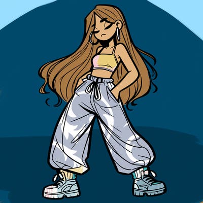 girl in baggy pants crop top and long hair