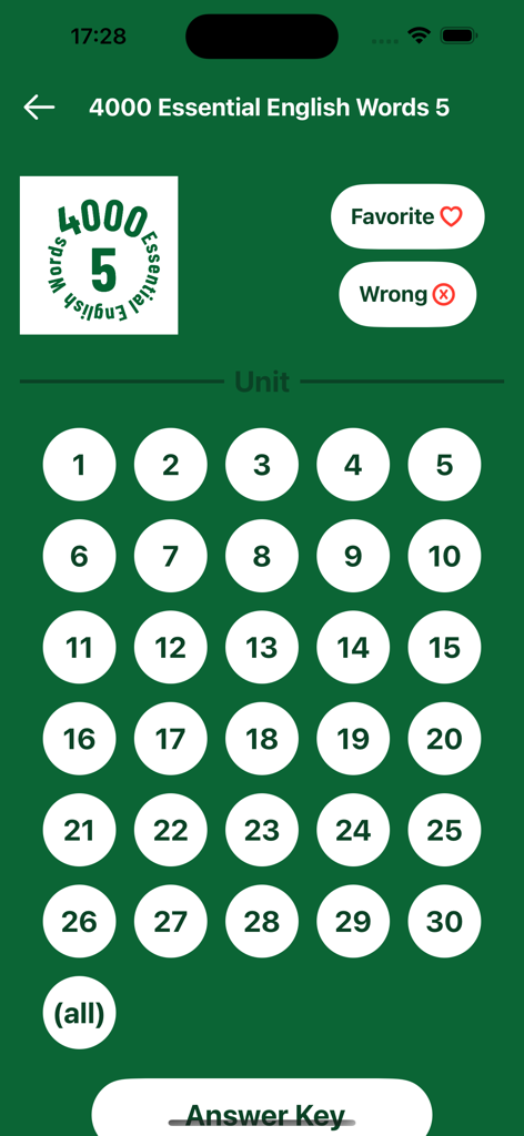 4000 Essential English Words ⑸ - Menú de selección de unidades de la aplicación 4000 Essential English Words Libro 5, mostrando las unidades de estudio del 1 al 30